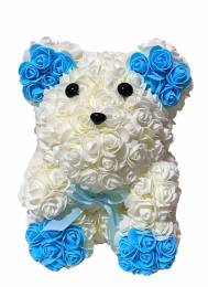 Αρκουδάκι Από Τεχνητά Τριαντάφυλλα Rose Bear Λευκό με Μπλε 30cm