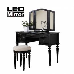 Επαγγελματικό τραπέζι Μαυρο LED make-up & Hollywood Mirror,Ξύλινο Μπουντουάρ Με Καθρέπτη και Σκαμπό
