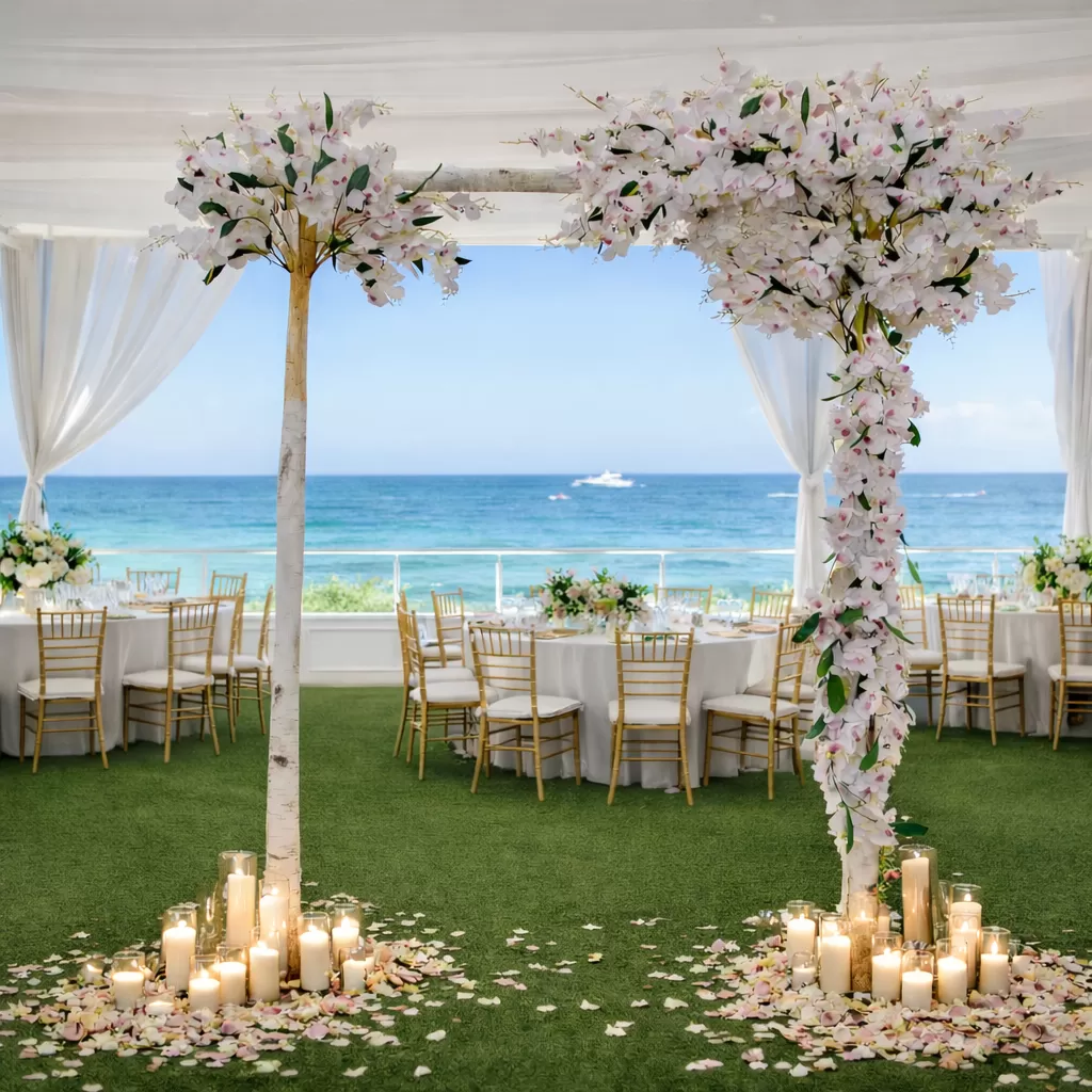 Τεχνητό Φυτό με άνθη ορχιδέας σε αψίδα απο ξύλο συμήδας   260εκ.