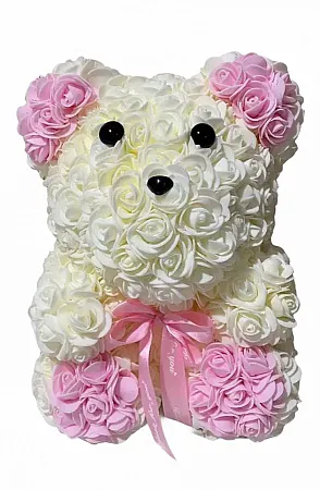 Αρκουδάκι Από Τεχνητά Τριαντάφυλλα Rose Bear Λευκό με Ροζ 30cm