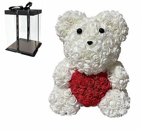 Αρκουδάκι Από Τεχνητά Τριαντάφυλλα Rose Bear Λευκό με Κόκκινο 40cm