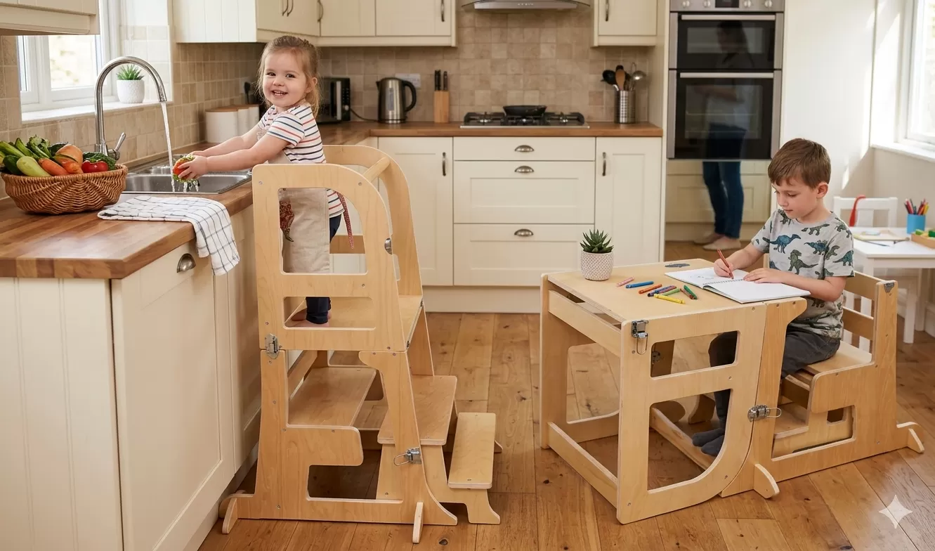 Καρεκλάκι Φαγητού & Παιδικό Γραφείο & Ξύλινος Πολυμορφικός  Πύργος Εκμάθησης  3 σε 1 Montessori