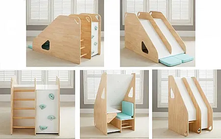 Εκπαιδευτικός Ξύλινος Πύργος Montessori,Διπλή Τσουλήθρα,Γραφείο,Αναρρίχησης 4 σε 1