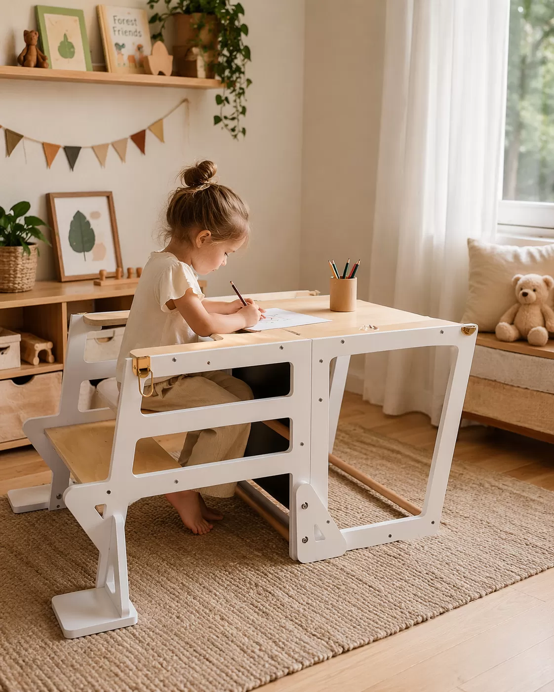 Λευκό Καρεκλάκι Φαγητού & Γραφείο & Ξύλινος Πολυμορφικός  Πύργος Εκμάθησης για Ζωγραφική  3 σε 1 Montessori