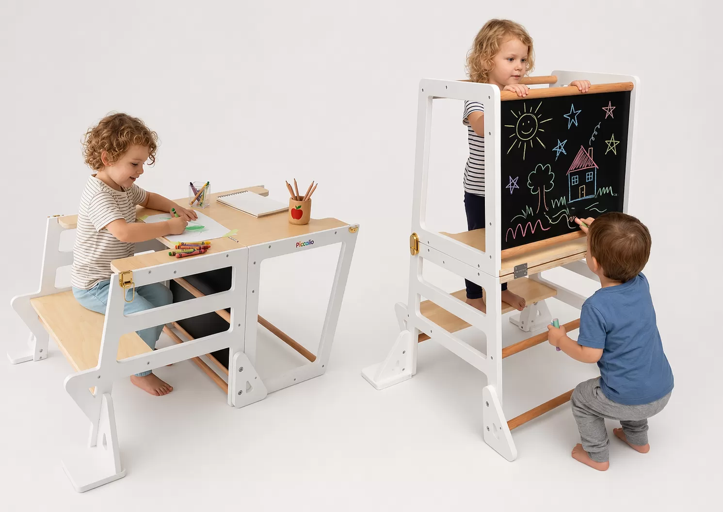 Λευκό Καρεκλάκι Φαγητού & Γραφείο & Ξύλινος Πολυμορφικός  Πύργος Εκμάθησης για Ζωγραφική  3 σε 1 Montessori