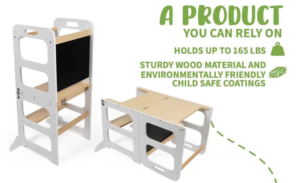 Λευκό Καρεκλάκι Φαγητού & Γραφείο & Ξύλινος Πολυμορφικός  Πύργος Εκμάθησης για Ζωγραφική  3 σε 1 Montessori