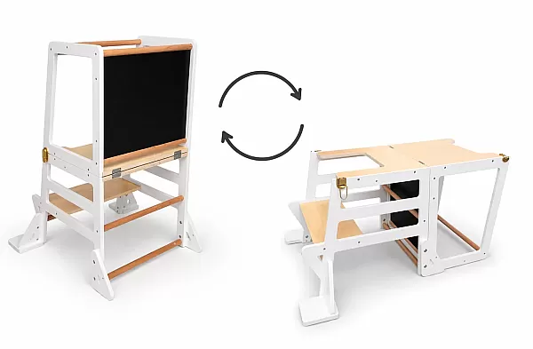 Λευκό Καρεκλάκι Φαγητού & Γραφείο & Ξύλινος Πολυμορφικός  Πύργος Εκμάθησης για Ζωγραφική  3 σε 1 Montessori