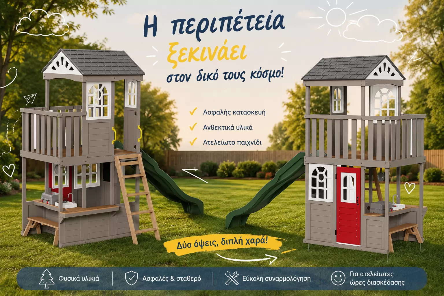 Ξύλινη Παιδική Χαρά με Τσουλήθρα και Σπιτάκι με Κουζίνα και Τραπέζι
