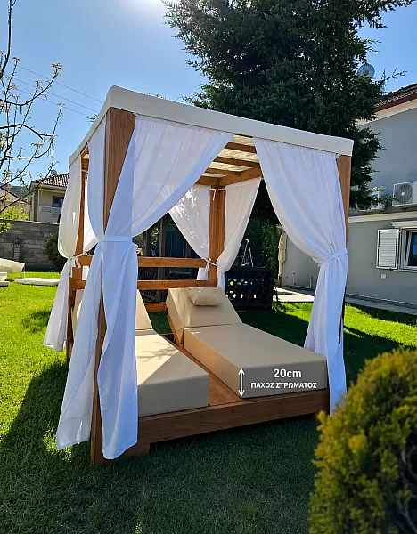 Ξύλινο Gazebo Daybed Κρεβάτι Κήπου με Υφασμάτινη Οροφή και 2 Ξαπλώστρες με Στρώματα και Κουρτίνες με Σκίαστρο