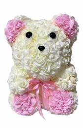 Αρκουδάκι Από Τεχνητά Τριαντάφυλλα Rose Bear Λευκό με Ροζ 30cm